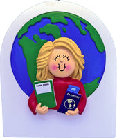 Load image into Gallery viewer, World Traveler with Passport, Guide Book, and Globe Personalized Christmas Ornament Female Brunette, Female Blonde, or Male