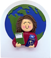 Load image into Gallery viewer, World Traveler with Passport, Guide Book, and Globe Personalized Christmas Ornament Female Brunette, Female Blonde, or Male