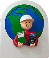 Load image into Gallery viewer, World Traveler with Passport, Guide Book, and Globe Personalized Christmas Ornament Female Brunette, Female Blonde, or Male