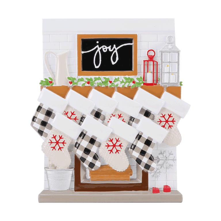 10 Stockings Hanging from Farmhouse Fireplace Buffalo Plaid Personalize Christmas Ornament