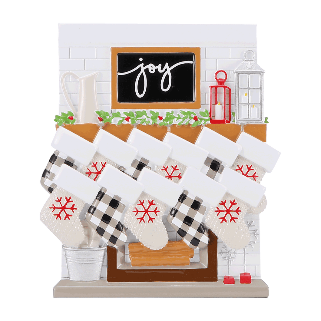 11 Stockings Hanging from Farmhouse Fireplace Buffalo Plaid Personalize Christmas Ornament