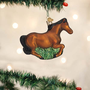 Old World Brown Mustang Horse wiith Black Mane Glass Christmas Ornament with Glitter Accent