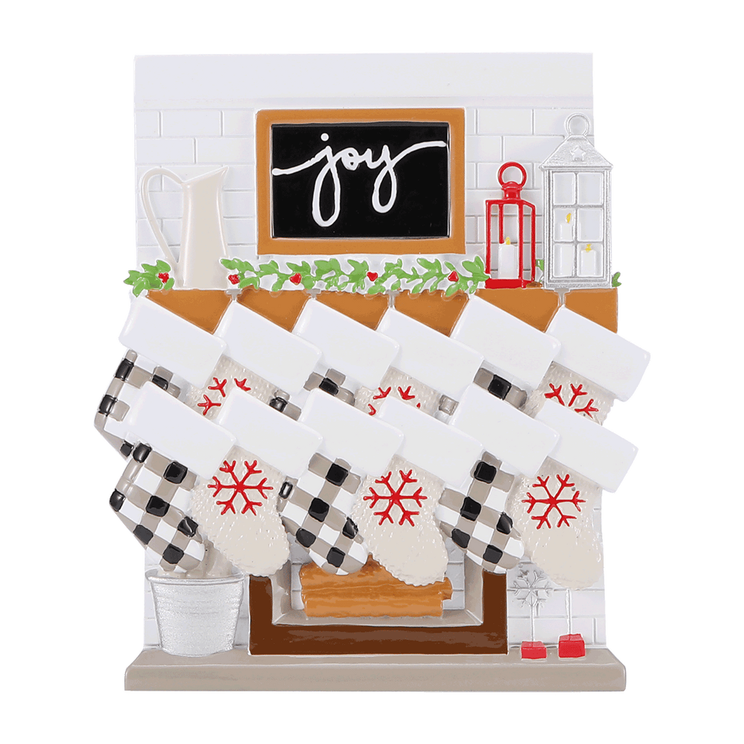 12 Stockings Hanging from Farmhouse Fireplace Buffalo Plaid Personalize Christmas Ornament