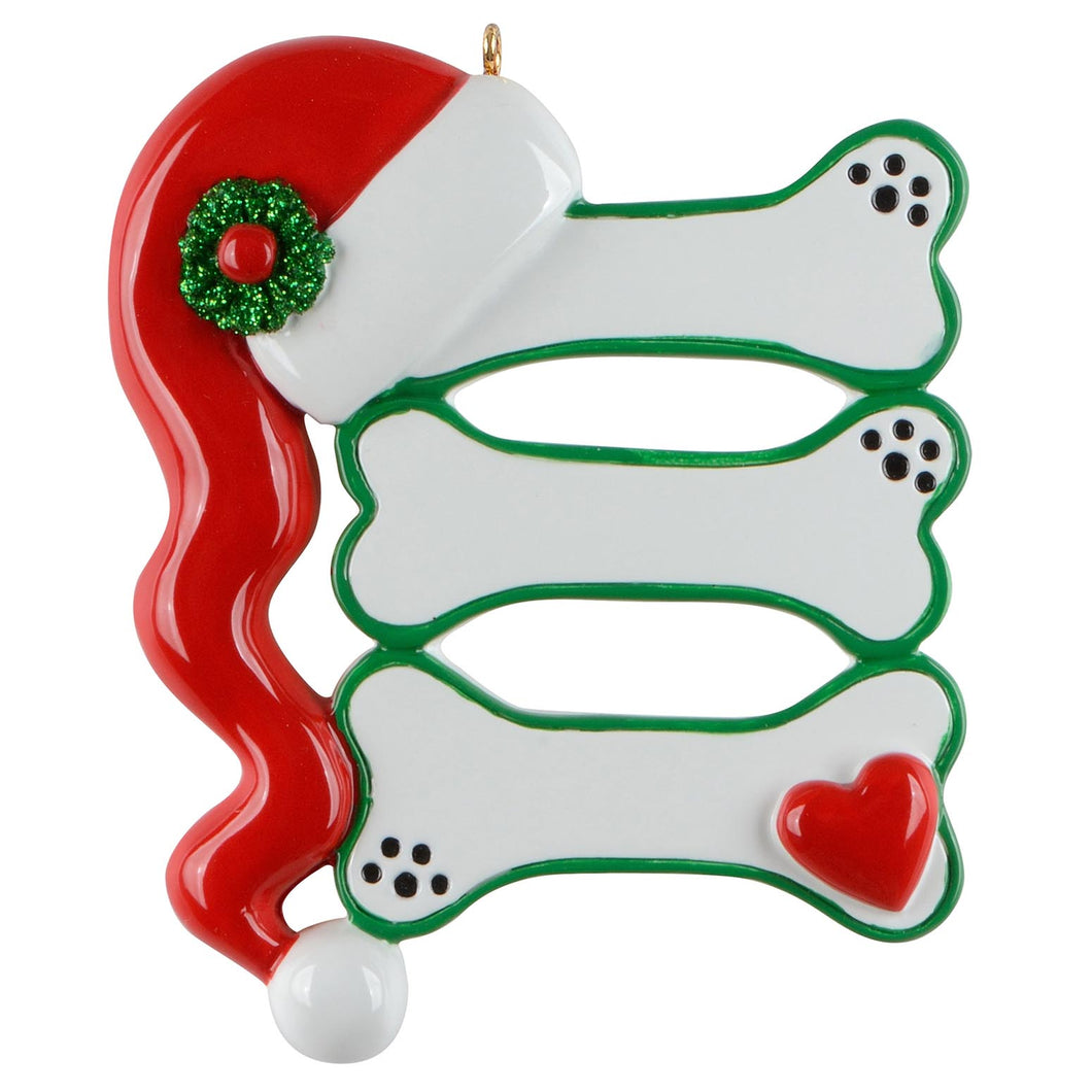 Personalized Dog Bones Christmas Ornament,Santa Hat Design with 3 Bones and paw Prints 3 Dog Owners
