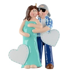 Personalized Modern Cool Pregnant Couple Christmas Ornament with Sunglasses and hat with hearts to personalize