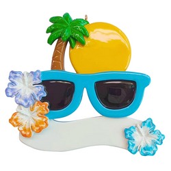 Tropical Vacation Theme with Sunglasses,Palm Tree, Sun and Tropical Fowers Personalzied Christmas Ornament Mexico, Hawaii