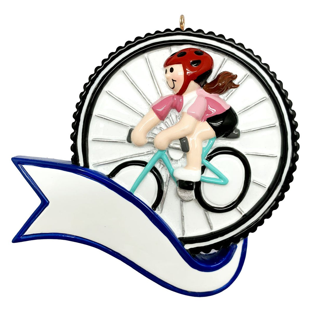 Bicycle Girl Cycling on a Two Wheeler with Red Helmet and Bike Tire Personalized Christmas Ornament