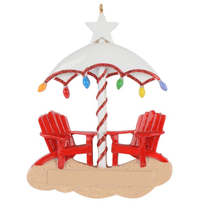 Beach Vacation Adirondack Chairs on Sandy Beach with Beach Umbrella decorated with Star and Christmas Lights Personalized Christmas Ornament