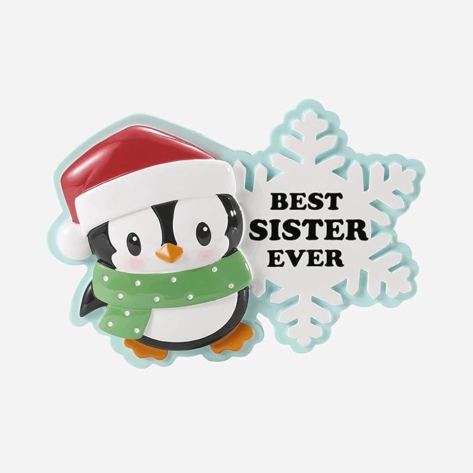 Best Sister Ever Personalized Penguin Christmas Ornament with Santa Hat, 4 Inch Resin Snowflake Design
