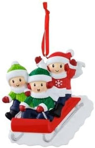 Sledding Tobaggon Family of 3, Grandkids, Best Friends Personalized Christmas Ornament