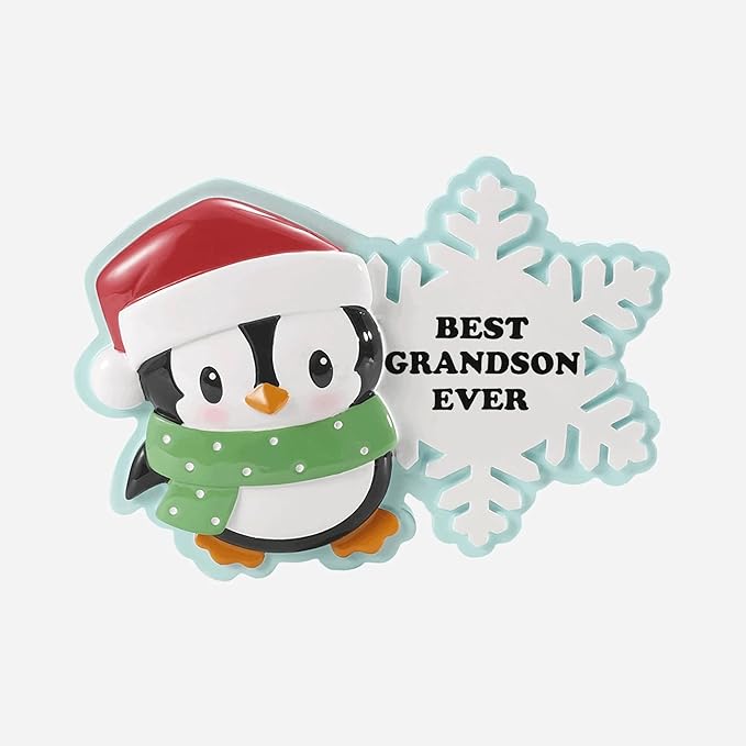 Best Grandson Ever Christmas Ornament, Penguin Design with Santa Hat, 4 Inch Resin Snowflake