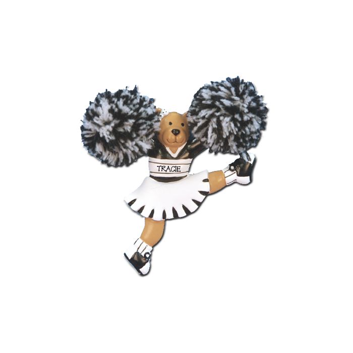 Black Bear Cheerleader with Pom Poms Personalized Christmas Ornament