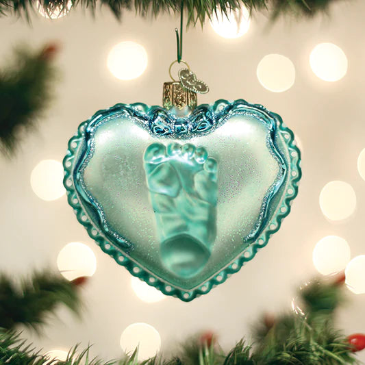 Old World Baby Boy's Footprint Ruffled Heart Baby's First Christmas Glass Christmas Ornament with Glitter Accent