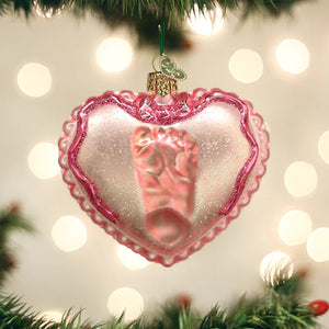 Old World Baby Girl's Baby's 1st Christmas Footprint Ruffled Heart Glass Ornament with Glitter Accent