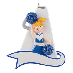 Blue Cheerleader, Blonde, with pompoms and White Megaphone Personalized Christmas Ornament