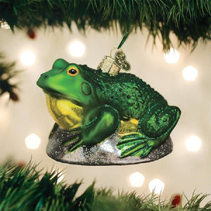 Old World brand Bull Frog Glass Christmas Ornament with glitter accent