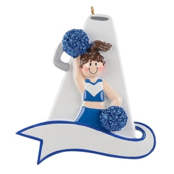 Blue Cheerleader with Pompoms and White Megaphone Personalized Christmas Ornament