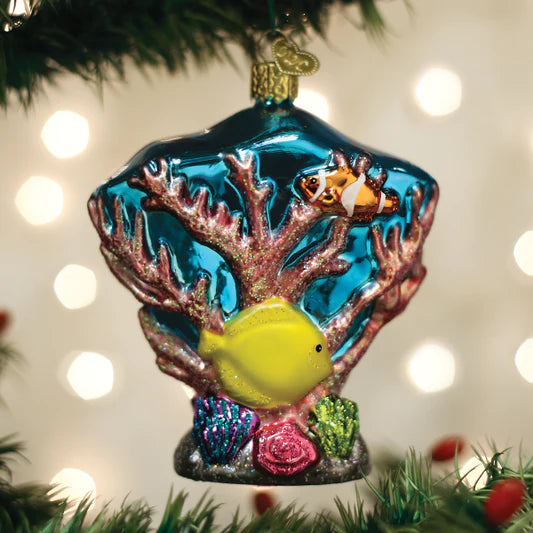 Old World Coral Reef Glass Christmas Ornament with glitter accents and Tropical Fish