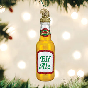 Old World Elf Ale Beer Bottle Glass Christmas Ornament with Glitter Accent