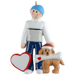 Boy with Dog Holding a Bone and Heart to Personalize Christmas Ornament, 4 Inch Resin