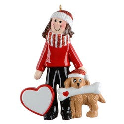 Girl with Dog Holding Bone and Heart to Personalize Christmas Ornament