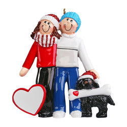 Couple with Black Dog Stocking Caps, Scarves, Heart and Bone Personalize Christmas Ornament