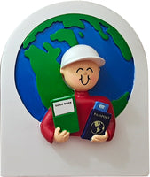 Load image into Gallery viewer, World Traveler with Passport, Guide Book, and Globe Personalized Christmas Ornament Female Brunette, Female Blonde, or Male
