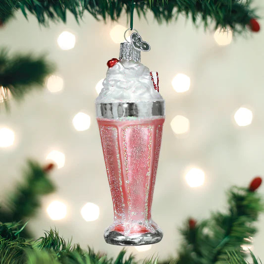 Old World Pink Milkshake with Whip Cream and a Cherry on Top Glass Christmas Ornament with Glitter Accent