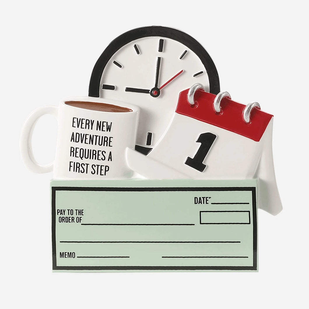 New/First Job Pay Check Personalized Christmas Ornament Desk Display with Clock and Calendar