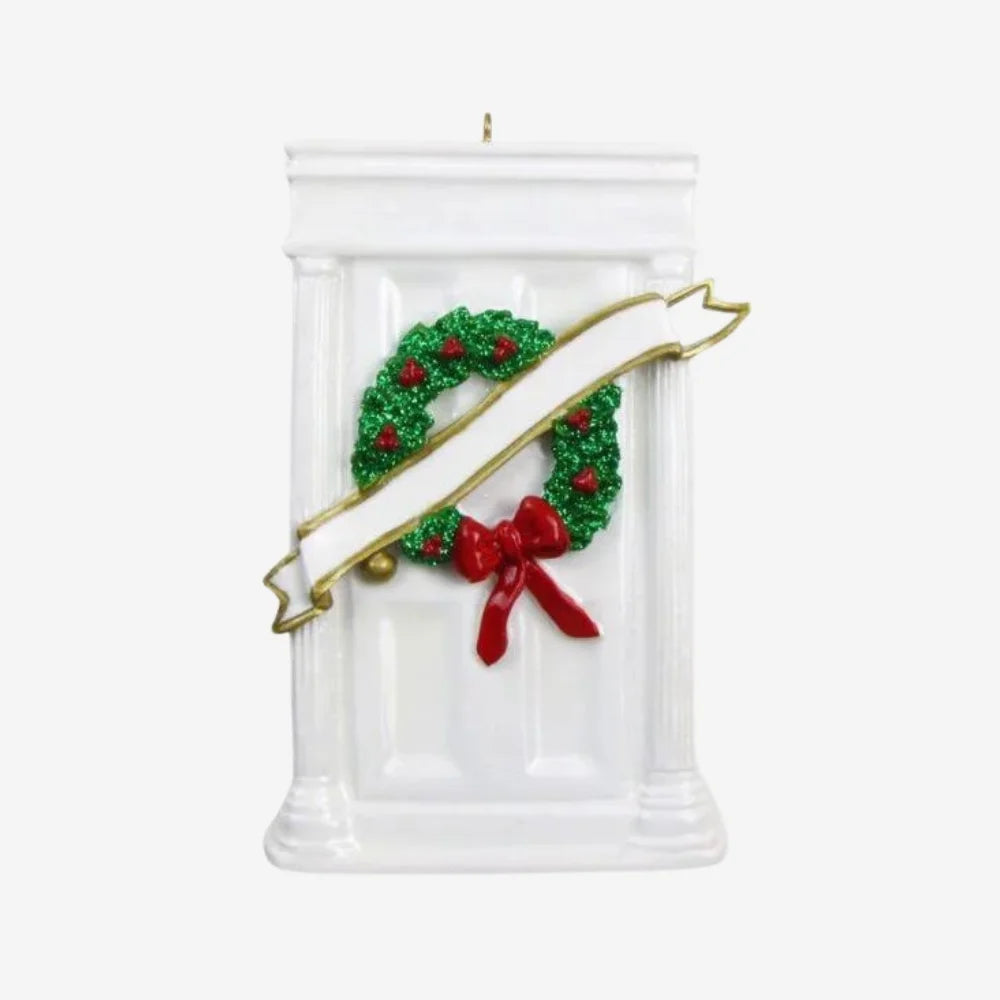 White Door with Wreath Personalized Christmas Ornament New Home