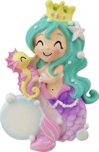 Mermaid with Seahorse Aqua Hair and Yellow Crown Personalized Christmas Ornament