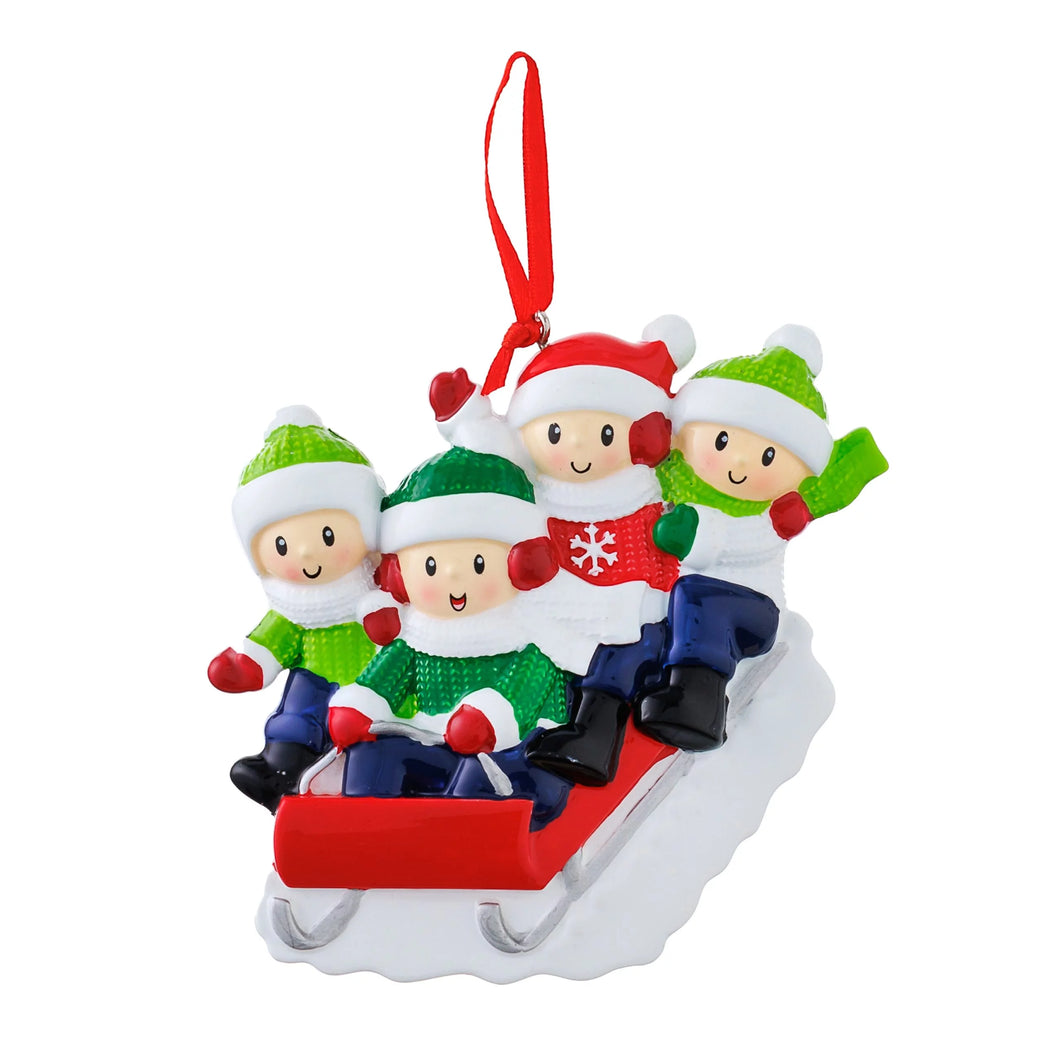 Sledding, Tobaggon Family of 4, Grandkids, Best Friends Personalized Christmas Ornament