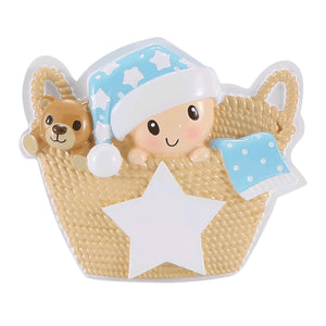 Baby's First Christmas Blue in a Basket with Teddy Bear, Blanket and Santa Hat Personalize Christmas Ornament