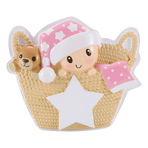 Baby's First Christmas Pink in a Basket with Teddy Bear, Blanket, and Santa Hat Personalize Christmas Ornament