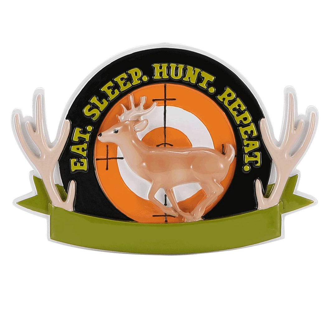 Eat, Sleep, Hunt, Repeat Hunting Personalized Christmas Ornament with Deer, Antlers, and Target