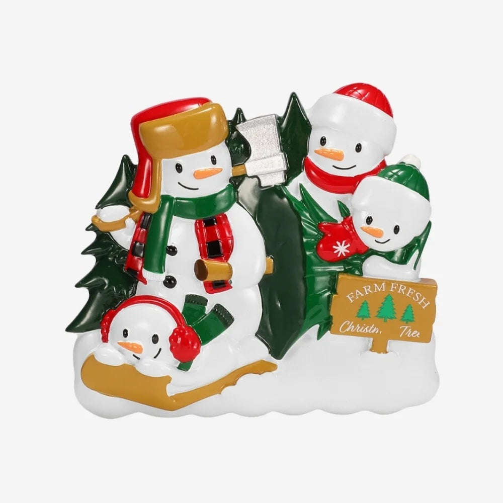 Snowman Family of 4 Cutting a Christmas Tree Personalized Christmas Ornament
