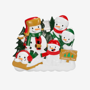 Snowman Family of 5 Cutting a Christmas Tree Personalized Christmas Ornament