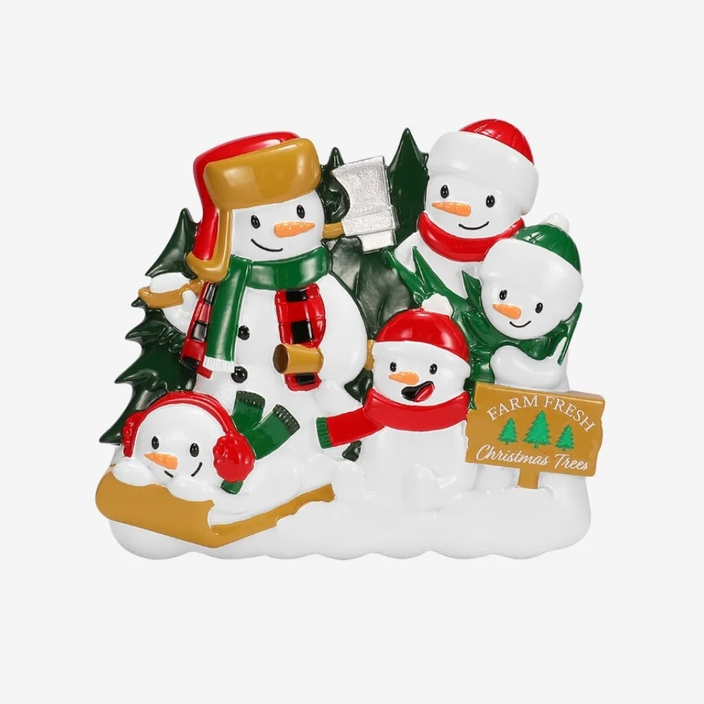 Snowman Family of 5 Cutting a Christmas Tree Personalized Christmas Ornament