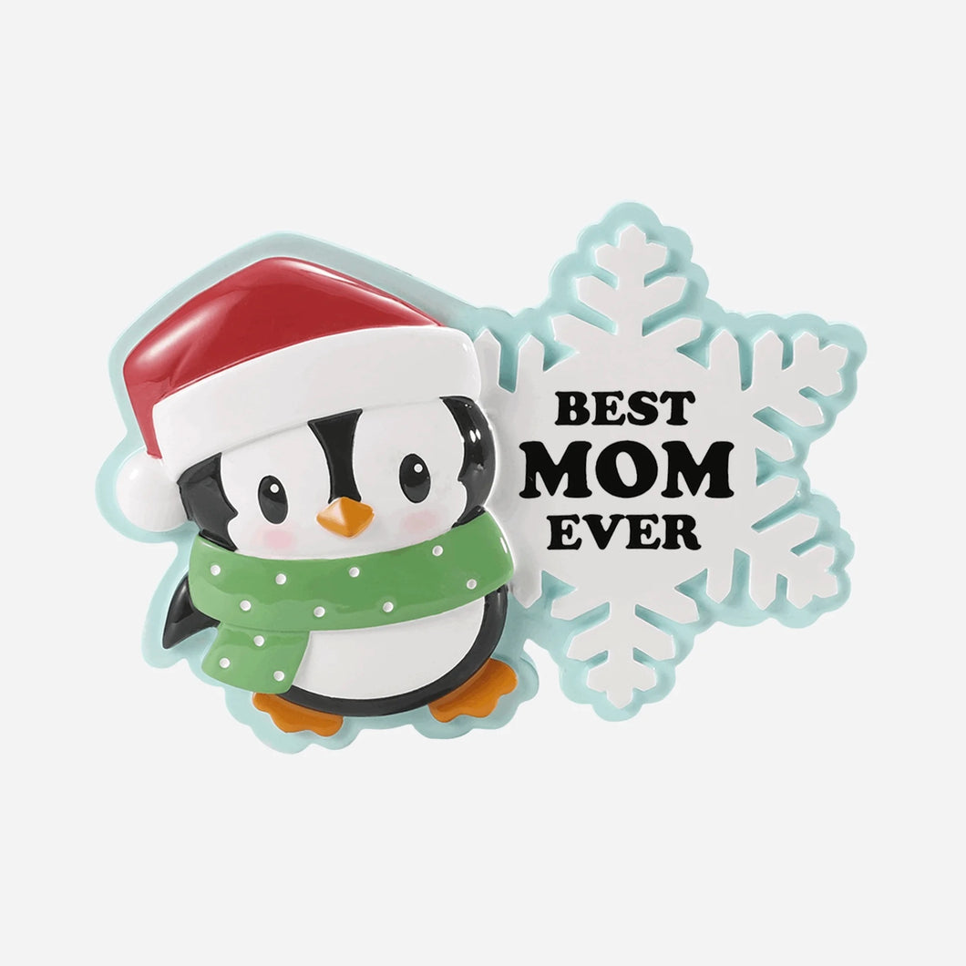 Best Mom Ever Penguin with Santa Hat and Snowflake Personalized Christmas Ornament