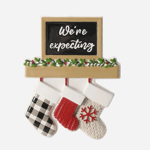 Christmas Pregnancy Announcement Personalized Ornament, We're Expecting 3 Stockings on Mantle Design, 4 Inch Resin