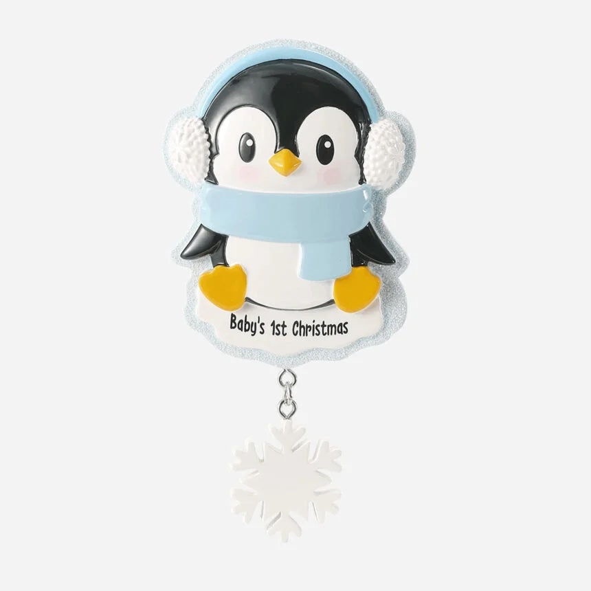 Baby's First Christmas Penguin Personalized Ornament, Blue Earmuffs and Scarf, 4 Inch Resin with Snowflake