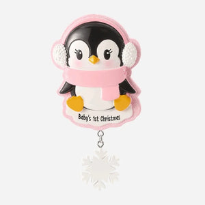Baby's First Christmas Penguin Personalized Christmas Ornament, Pink Winter Design with Snowflake, 4 Inch Resin Decoration