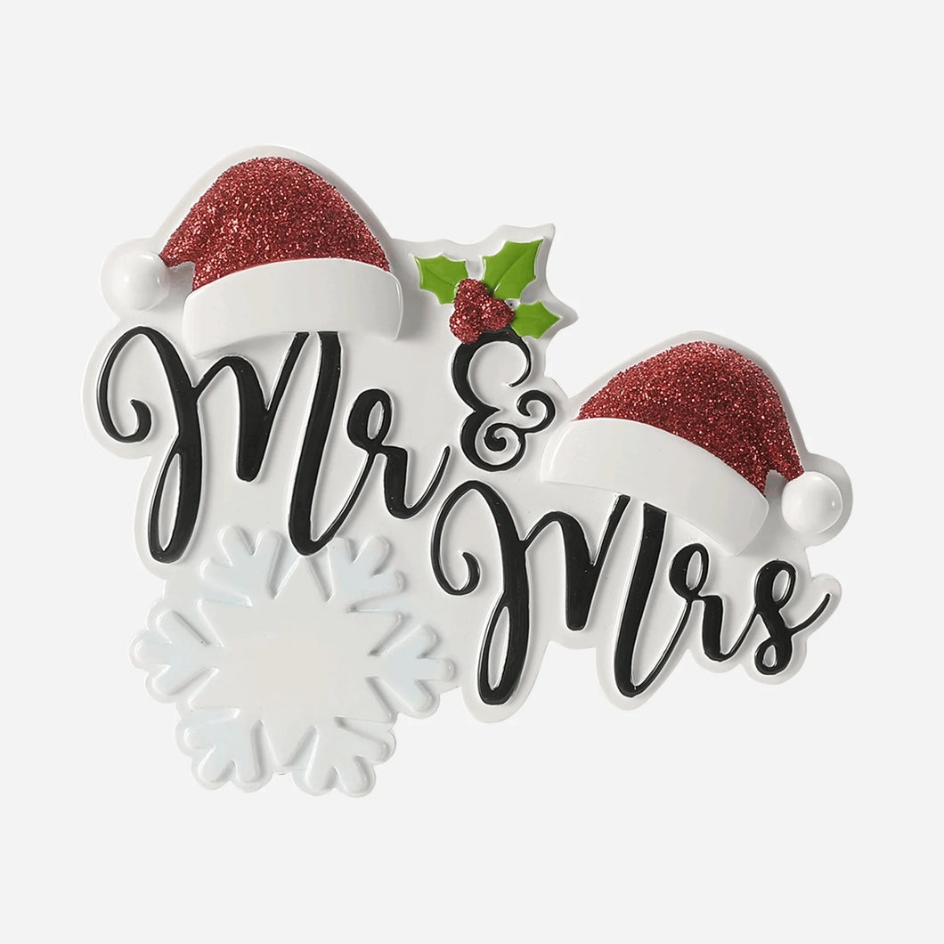 Mr. and Mrs. Santa Hats and Snowflake Personalized Christmas Ornament