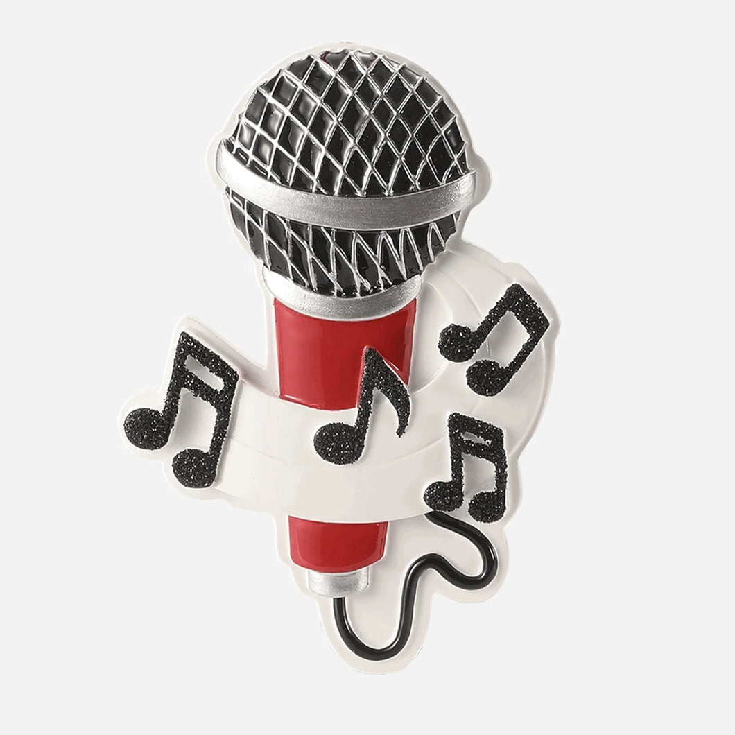 Personalized Microphone Christmas Ornament, 4 Inch, Red with Musical Notes, Black Glitter