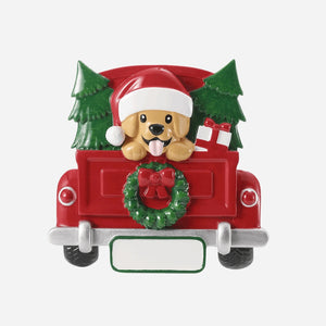 Tan Dog in Red Truck Personalized Christmas Ornament with Trees Personalized Christmas Ornament with Trees, Wreath and Gifts