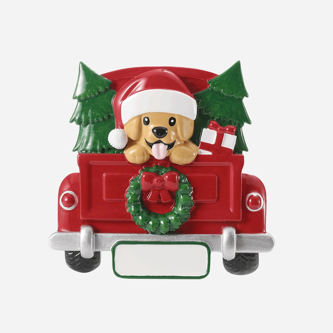 Tan Dog in Red Truck Personalized Christmas Ornament with Trees Personalized Christmas Ornament with Trees, Wreath and Gifts
