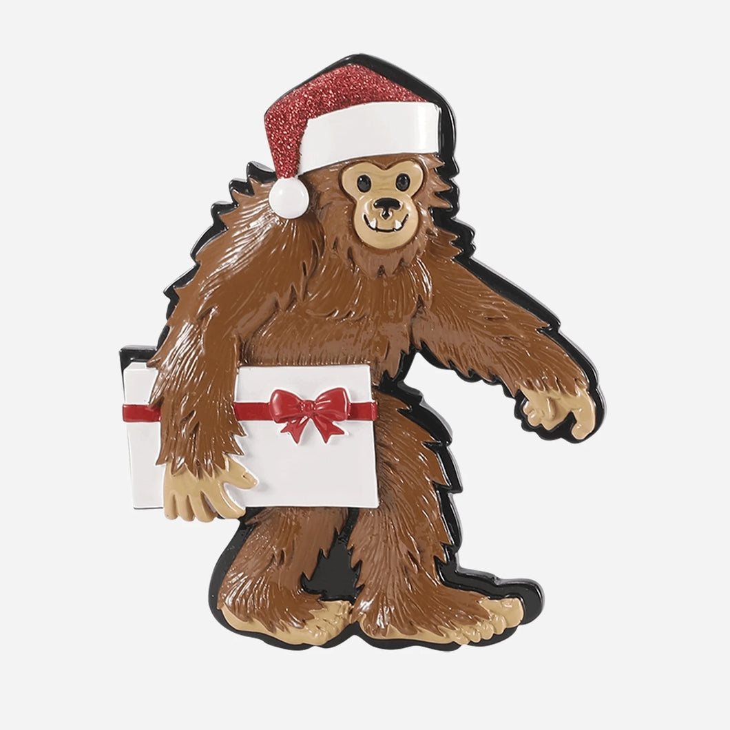 Yetti Big Foot Personalized Christmas Ornament with Santa Hat and Gift