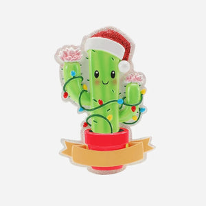 Christmas Cactus Ornament with Santa Hat and Tangled in String of Lights Personalized Christmas Ornament