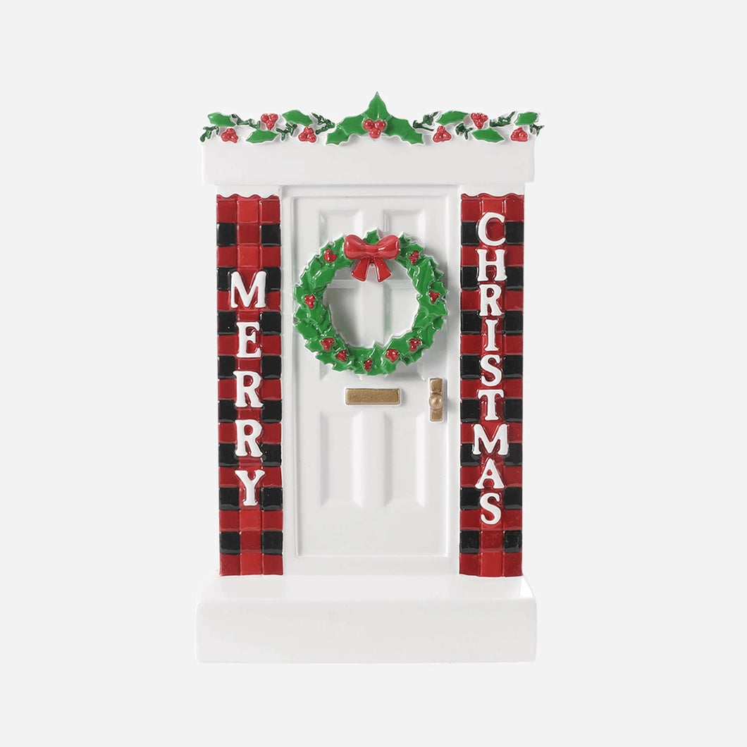 Merry Christmas New/First Home Personalized Christmas Ornament with White Door, Wreath and Garland
