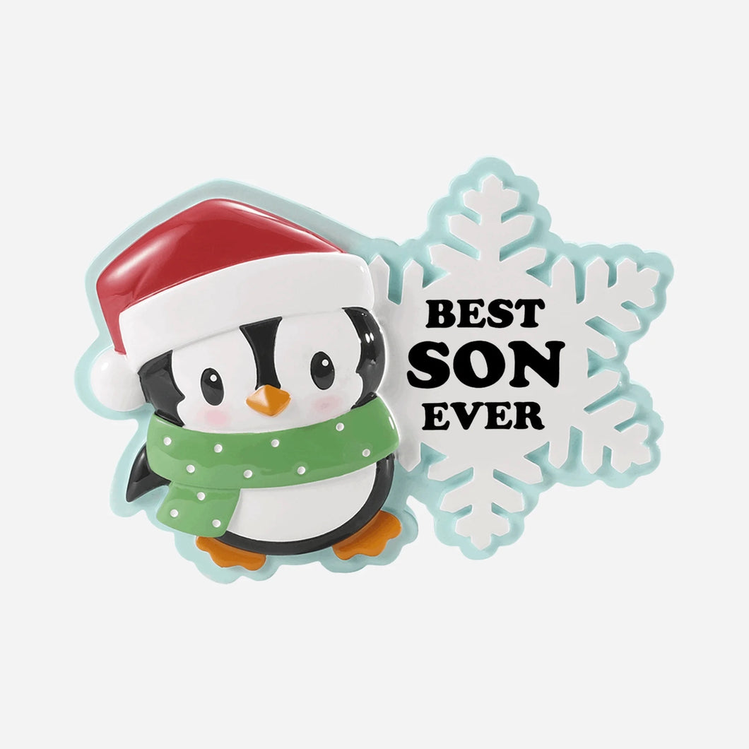 Best Son Ever Penguin with Santa Hat and Snowflake Personalized Christmas Ornament